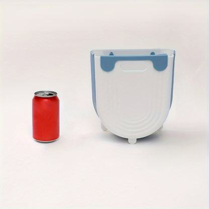 Compact folding plastic trash can for household use in various locations such as home, car, bedroom, and bathroom.