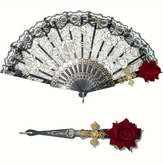 1 Piece of Vintage Spanish Style Folding Fan with Rose Floral Lace - Includes a Plastic Handheld Fan and Dangling Tassel - Elegant Black Paddle Fan for Cocktails, Tea Parties, and Décor Accessories