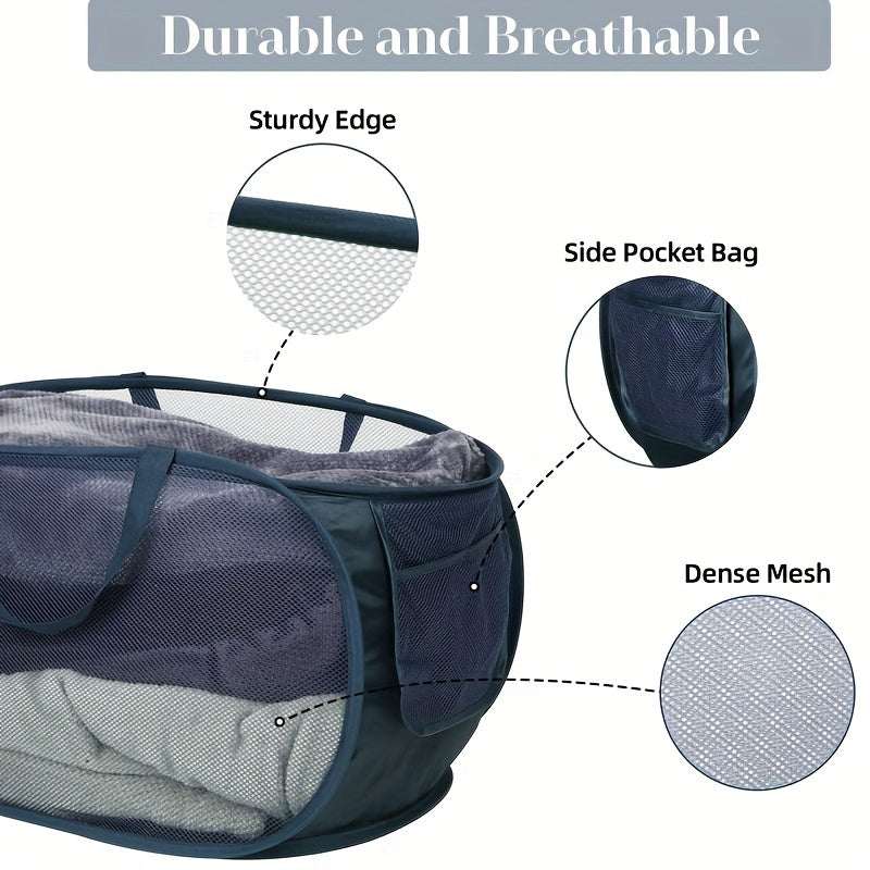 Durable Pop-Up Mesh Laundry Basket with Convenient Side Pockets - Versatile Clothes Storage Solution for Home Organization, Foldable Design, Sturdy Handle - Perfect Gift for Christmas, Thanksgiving, Valentine's Day, or Easter