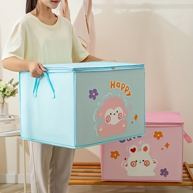 Storage bins for ages 14 and up in cartoon design, perfect for organizing clothes and quilts. These lightweight and portable bins are not waterproof and ideal for toys, seasonal clothing, and household items. Great for moving and packing, these flip top