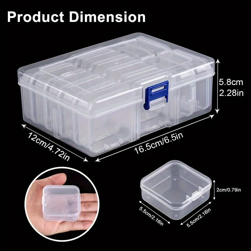 30 transparent plastic storage boxes for organizing small items such as crafts, beads, hair accessories, jewelry, and hardware. Includes compartments with options for 14 or 30 sections.