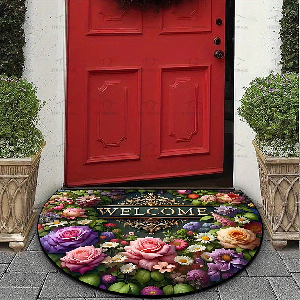 Half-circle 'Welcome' floral design mat, durable, non-slip, and washable. Ideal for high-traffic areas like living rooms, bathrooms, and patios. Great for housewarming gifts and home decor.