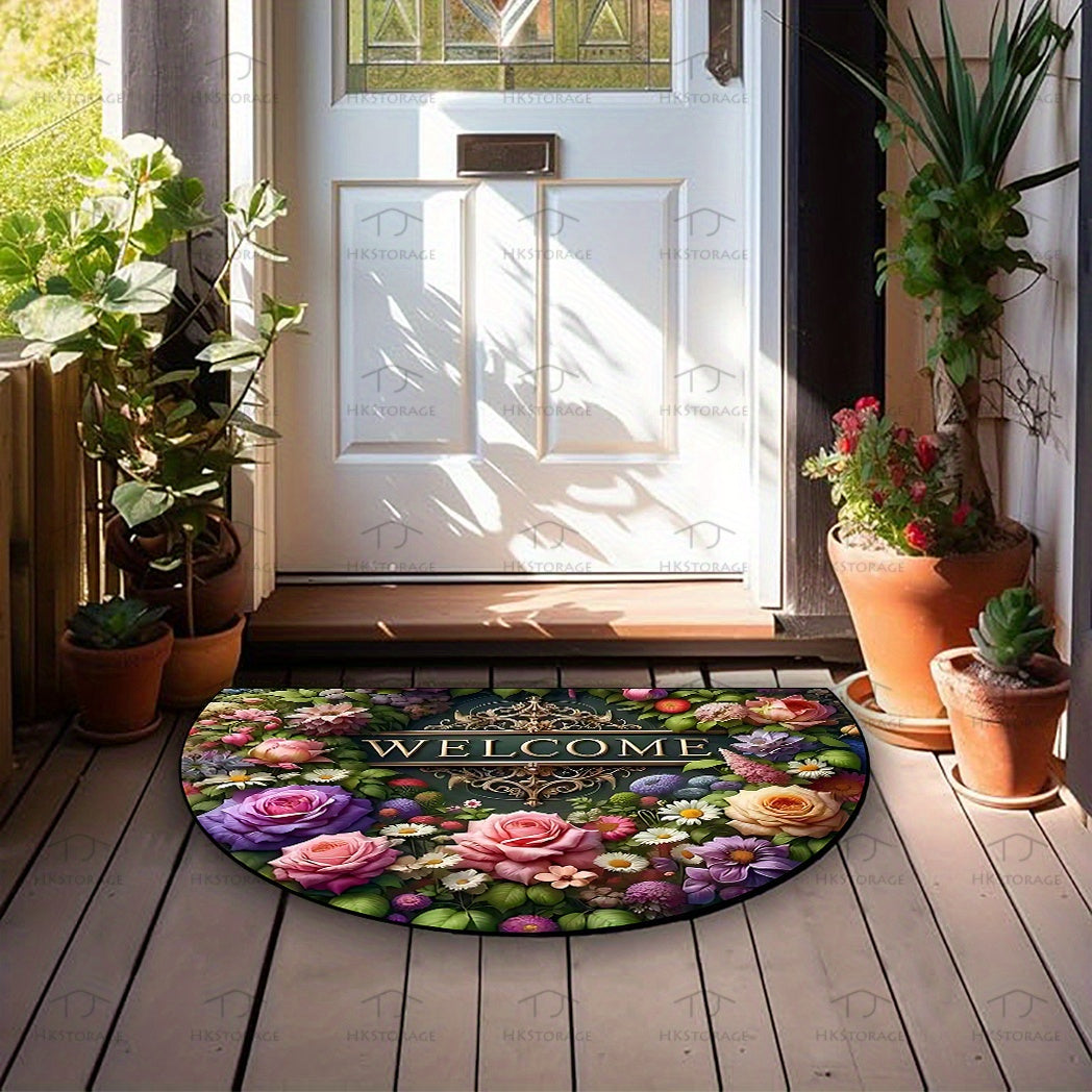 Half-circle 'Welcome' floral design mat, durable, non-slip, and washable. Ideal for high-traffic areas like living rooms, bathrooms, and patios. Great for housewarming gifts and home decor.