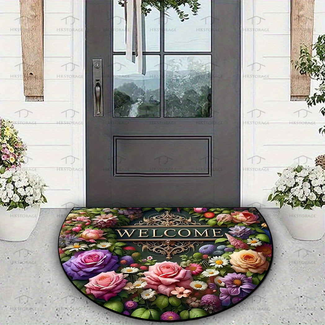 Half-circle 'Welcome' floral design mat, durable, non-slip, and washable. Ideal for high-traffic areas like living rooms, bathrooms, and patios. Great for housewarming gifts and home decor.