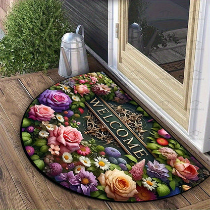 Half-circle 'Welcome' floral design mat, durable, non-slip, and washable. Ideal for high-traffic areas like living rooms, bathrooms, and patios. Great for housewarming gifts and home decor.