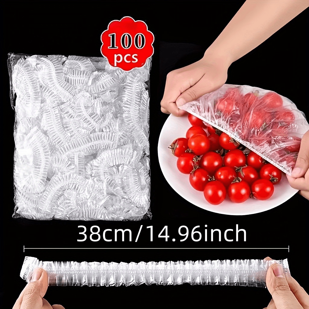 "Свежая пленка Elastic Plastic Wrap Covers - 100 штук, изготовлена из пленки пищевого класса PE, одноразовые крышки для мисок для использования на кухне, сохраняющие продукты свежими и защищенными, идеально подходят для упаковки продуктов"