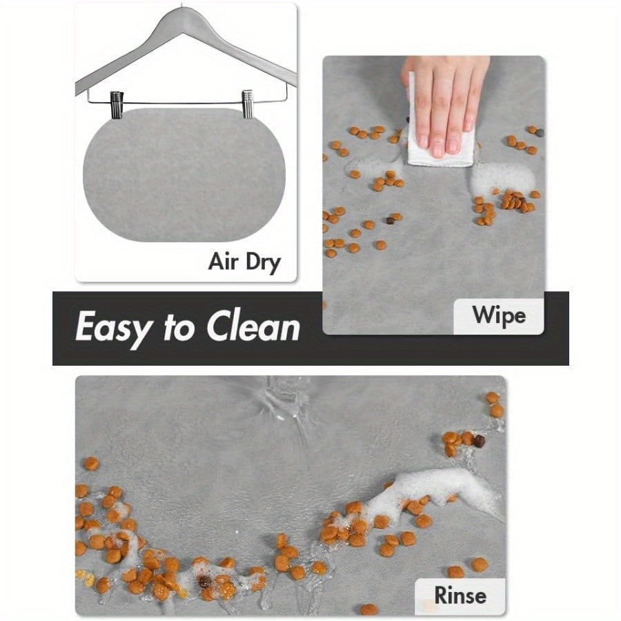 Diatomaceous pet feeding mat for dogs: quick dry, stain-free, easy to clean, non-slip for messy eaters and drinkers.