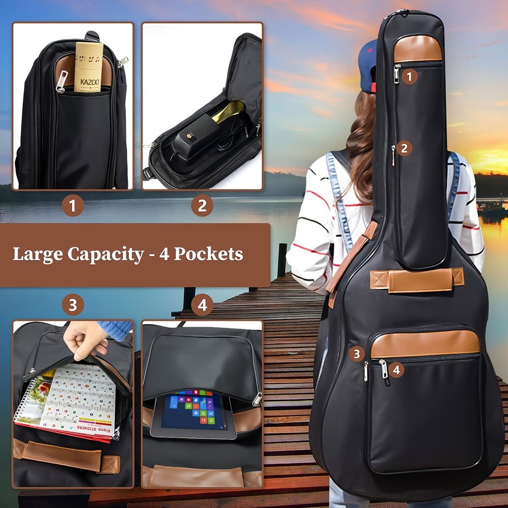 Guitar bag for acoustic classical guitar, 104.14 cm in length, made of 600D Oxford cloth with multiple pockets and thick sponge padding for accessories.