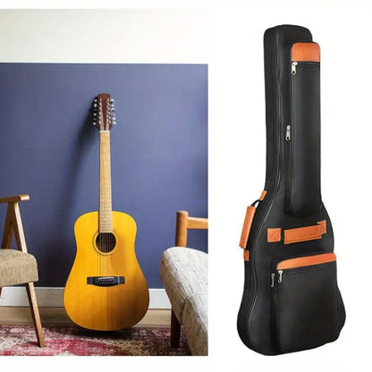 Guitar bag for acoustic classical guitar, 104.14 cm in length, made of 600D Oxford cloth with multiple pockets and thick sponge padding for accessories.