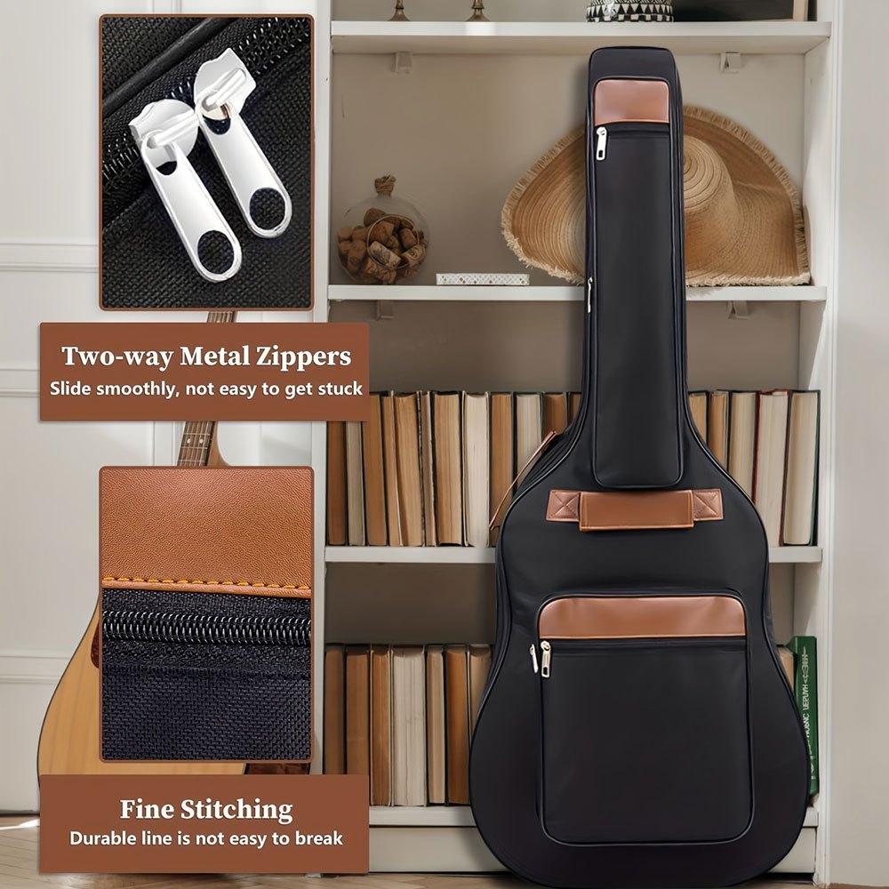 Guitar bag for acoustic classical guitar, 104.14 cm in length, made of 600D Oxford cloth with multiple pockets and thick sponge padding for accessories.