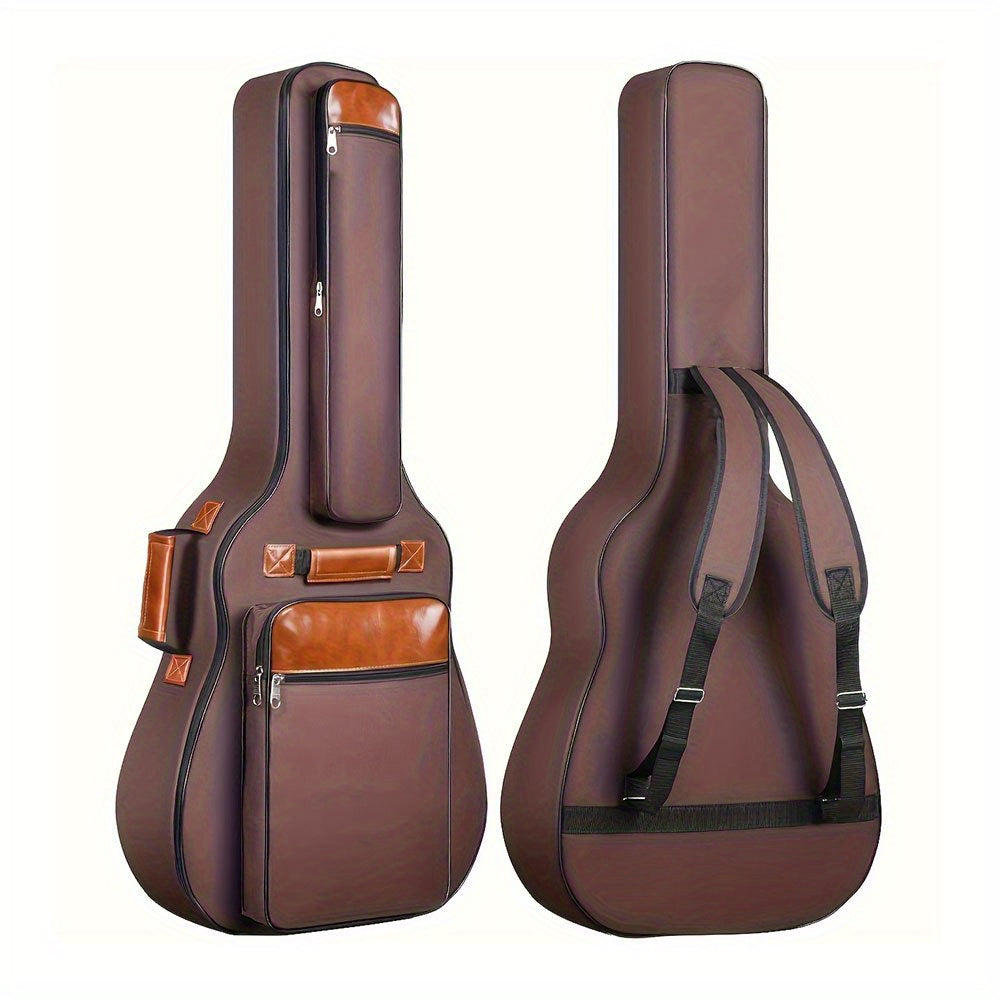 Guitar bag for acoustic classical guitar, 104.14 cm in length, made of 600D Oxford cloth with multiple pockets and thick sponge padding for accessories.