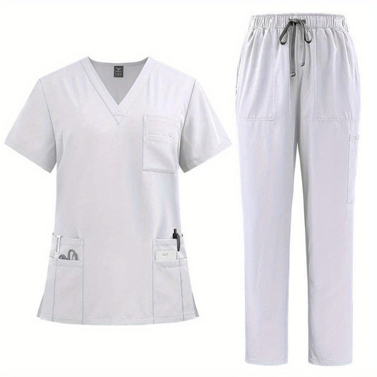 Women's polyester fitted workwear with patch pockets, straight leg pants for doctors and nurses, machine woven.