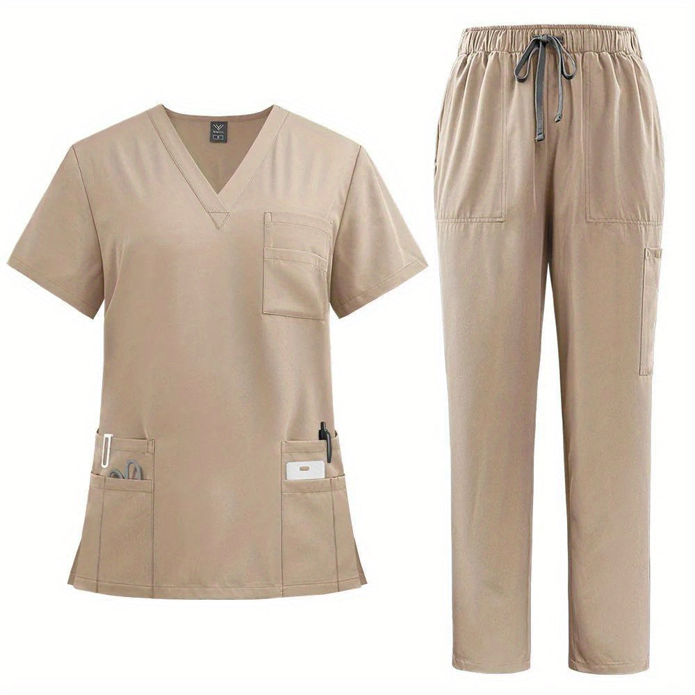 Women's polyester fitted workwear with patch pockets, straight leg pants for doctors and nurses, machine woven.