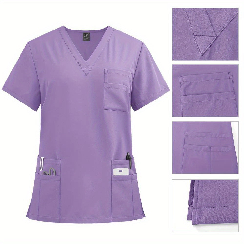 Women's polyester fitted workwear with patch pockets, straight leg pants for doctors and nurses, machine woven.