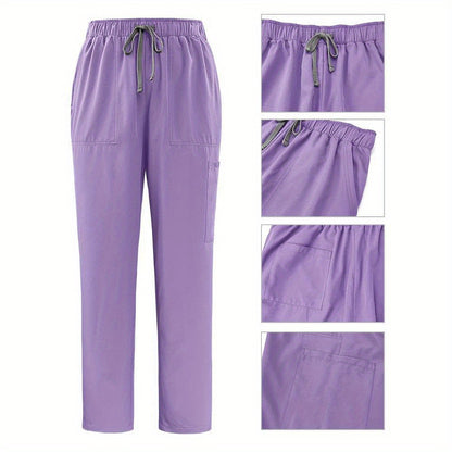 Women's polyester fitted workwear with patch pockets, straight leg pants for doctors and nurses, machine woven.