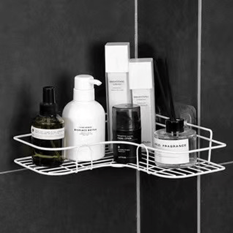 Wall-mounted bathroom organizer for shampoo, conditioner, and lotion, the 1pc Durable No-Drill Corner Shower Caddy is a water-resistant, easy-to-install, space-efficient toilet accessory shelf.