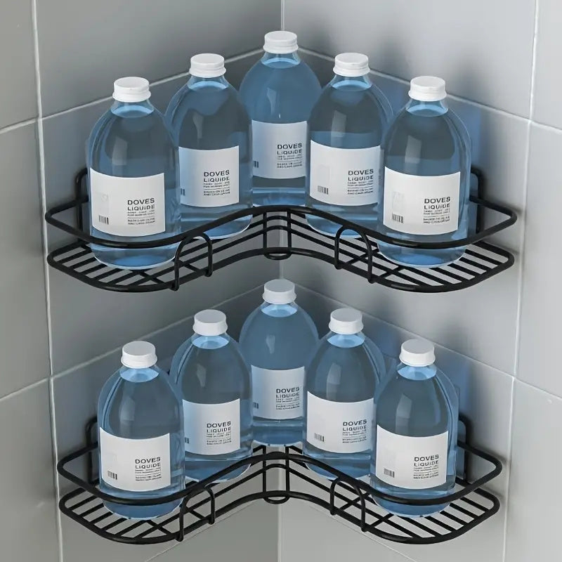 Wall-mounted bathroom organizer for shampoo, conditioner, and lotion, the 1pc Durable No-Drill Corner Shower Caddy is a water-resistant, easy-to-install, space-efficient toilet accessory shelf.