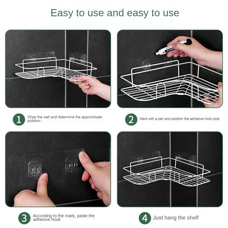 Wall-mounted bathroom organizer for shampoo, conditioner, and lotion, the 1pc Durable No-Drill Corner Shower Caddy is a water-resistant, easy-to-install, space-efficient toilet accessory shelf.