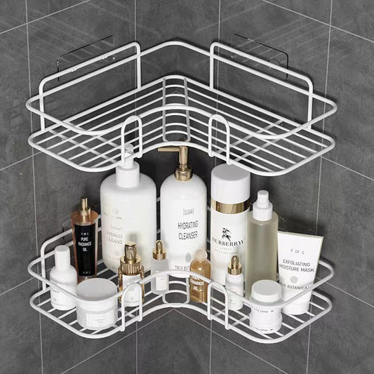 Wall-mounted bathroom organizer for shampoo, conditioner, and lotion, the 1pc Durable No-Drill Corner Shower Caddy is a water-resistant, easy-to-install, space-efficient toilet accessory shelf.