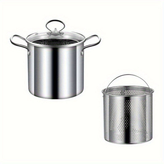 One pack of a 3.5L capacity stainless steel deep fryer pot with basket, perfect for frying and boiling. Includes clear lid and requires no power supply. A versatile cookware option.