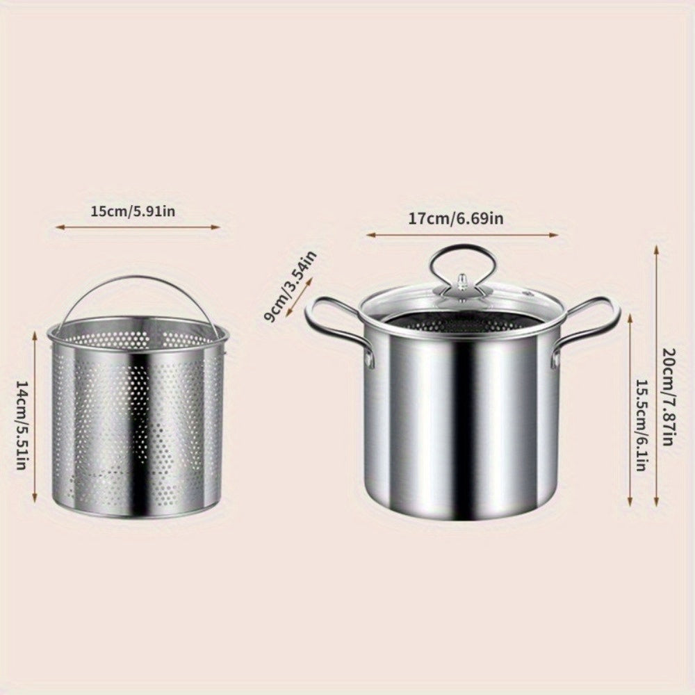 One pack of a 3.5L capacity stainless steel deep fryer pot with basket, perfect for frying and boiling. Includes clear lid and requires no power supply. A versatile cookware option.