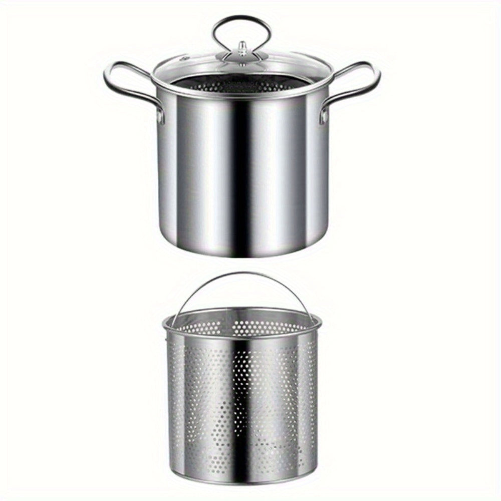 One pack of a 3.5L capacity stainless steel deep fryer pot with basket, perfect for frying and boiling. Includes clear lid and requires no power supply. A versatile cookware option.