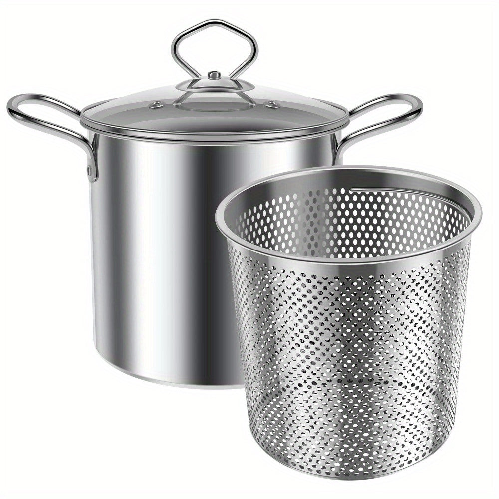 One pack of a 3.5L capacity stainless steel deep fryer pot with basket, perfect for frying and boiling. Includes clear lid and requires no power supply. A versatile cookware option.