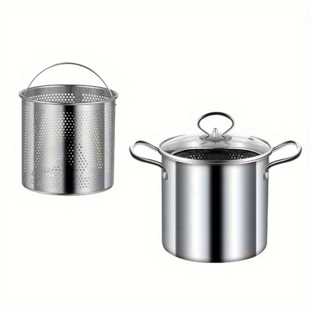 One pack of a 3.5L capacity stainless steel deep fryer pot with basket, perfect for frying and boiling. Includes clear lid and requires no power supply. A versatile cookware option.