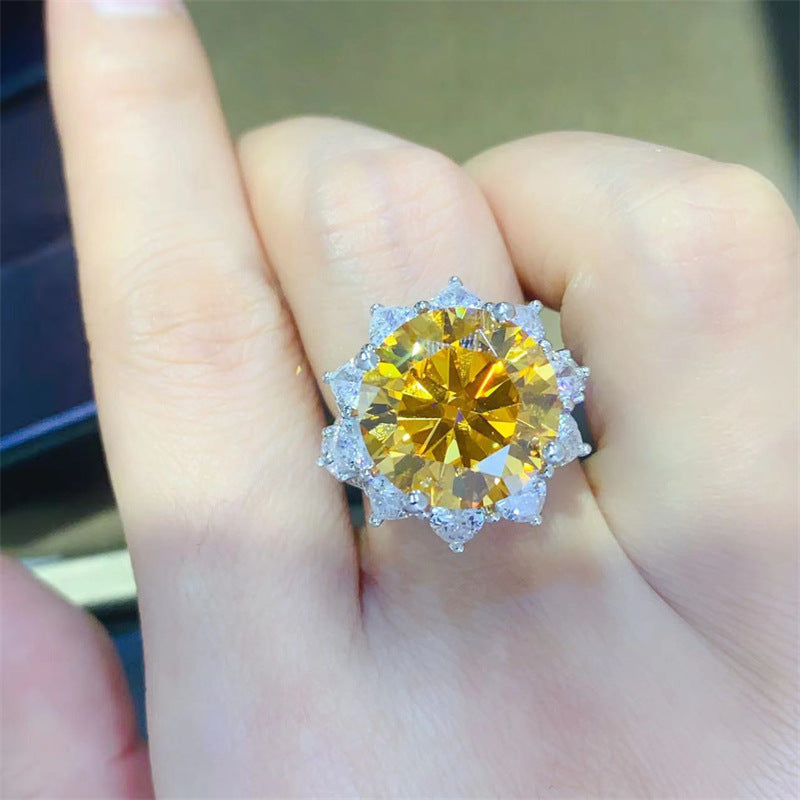 Stunning 10 Carat Round Cut Yellow Champagne Sunflower Ring, Crafted in 925 Sterling Silver with Moissanite Stone, Ideal for Celebrating Christmas or Birthdays in Style