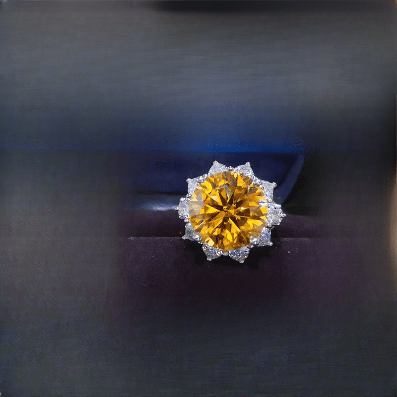 Stunning 10 Carat Round Cut Yellow Champagne Sunflower Ring, Crafted in 925 Sterling Silver with Moissanite Stone, Ideal for Celebrating Christmas or Birthdays in Style