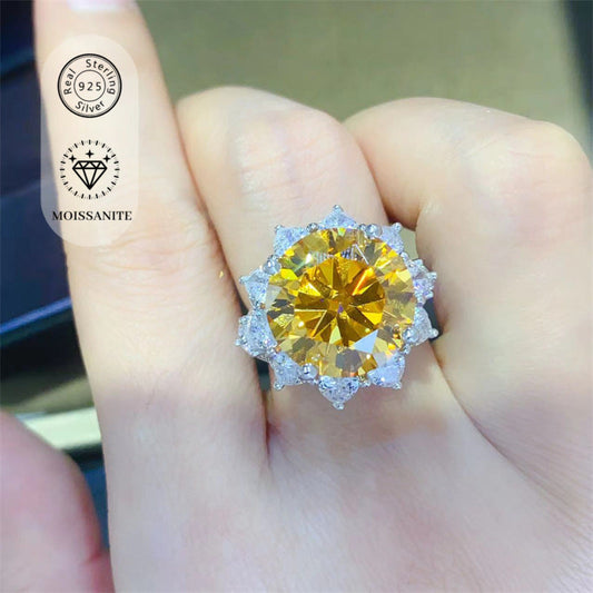 Stunning 10 Carat Round Cut Yellow Champagne Sunflower Ring, Crafted in 925 Sterling Silver with Moissanite Stone, Ideal for Celebrating Christmas or Birthdays in Style