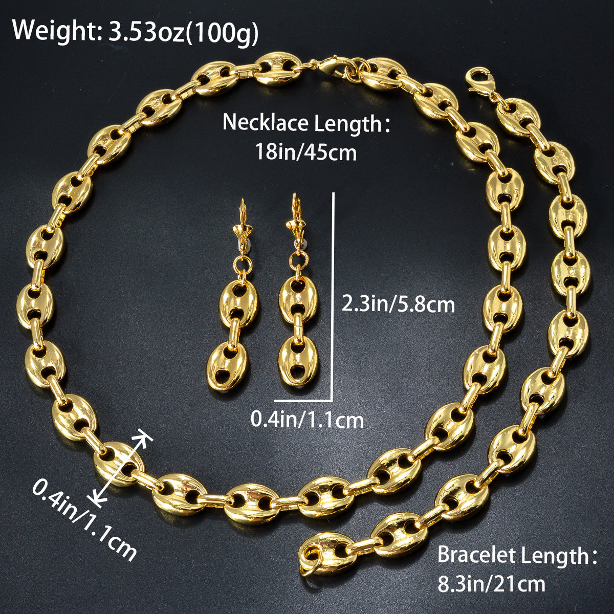 Stay stylish with this elegant and classic gold-tone copper jewelry set featuring a hip hop unisex design. This combo includes a necklace, earrings, and bracelet, making it ideal for daily wear or gift-giving. Perfect for adding a touch of glamour to any