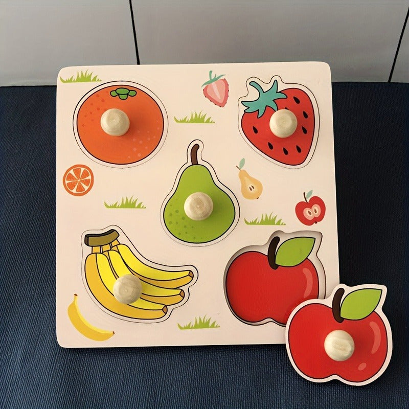 Wooden puzzle board for early fruit cognition, educational hand grabbing jigsaw for ages 0-3, ideal holiday gift.