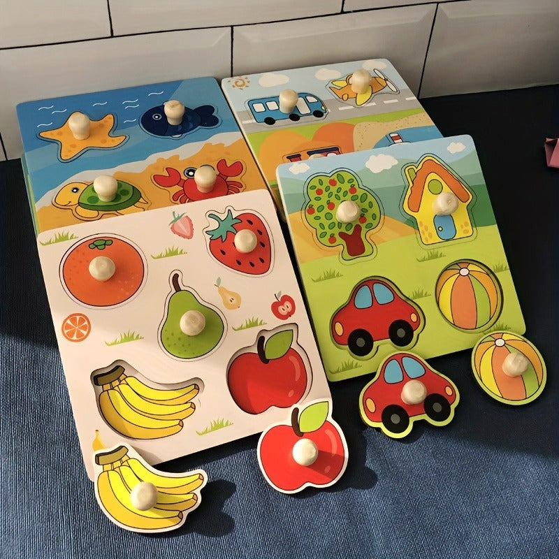 Wooden puzzle board for early fruit cognition, educational hand grabbing jigsaw for ages 0-3, ideal holiday gift.