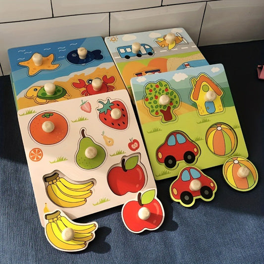 Wooden 3D fruit puzzle board for young children, promotes early learning and hand-eye coordination. Perfect educational activity for ages 0-3, ideal holiday gift.