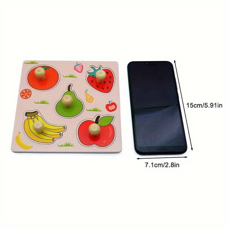 Wooden puzzle board for early fruit cognition, educational hand grabbing jigsaw for ages 0-3, ideal holiday gift.