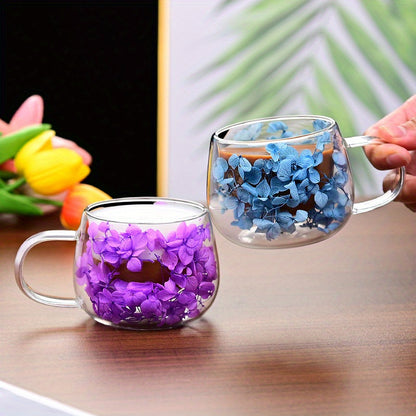 Handmade floral glass coffee mug with real dried flowers, double-walled for insulation, hand wash only, perfect for home use.