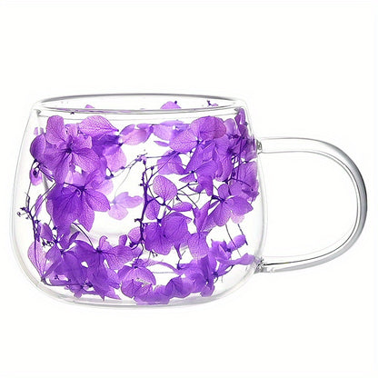 Handmade floral glass coffee mug with real dried flowers, double-walled for insulation, hand wash only, perfect for home use.