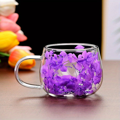 Handmade floral glass coffee mug with real dried flowers, double-walled for insulation, hand wash only, perfect for home use.