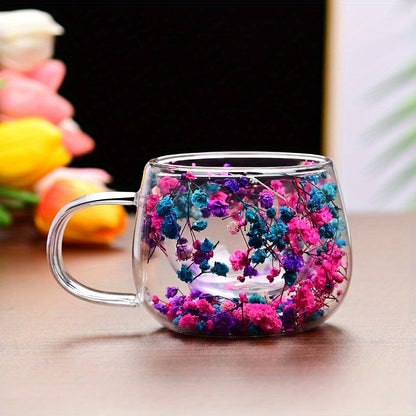 Handmade floral glass coffee mug with real dried flowers, double-walled for insulation, hand wash only, perfect for home use.