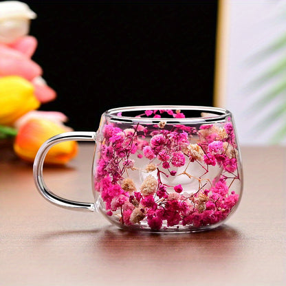 Handmade floral glass coffee mug with real dried flowers, double-walled for insulation, hand wash only, perfect for home use.