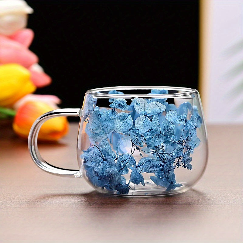 Handmade floral glass coffee mug with real dried flowers, double-walled for insulation, hand wash only, perfect for home use.