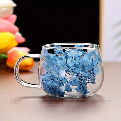 Handmade floral glass coffee mug with real dried flowers, double-walled for insulation, hand wash only, perfect for home use.