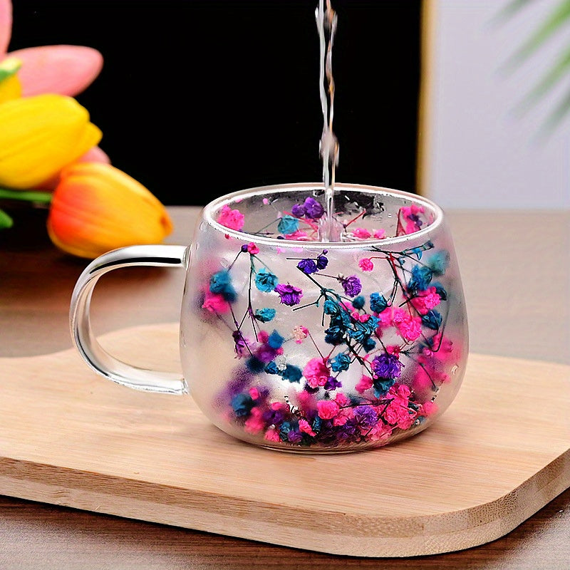 Handmade floral glass coffee mug with real dried flowers, double-walled for insulation, hand wash only, perfect for home use.