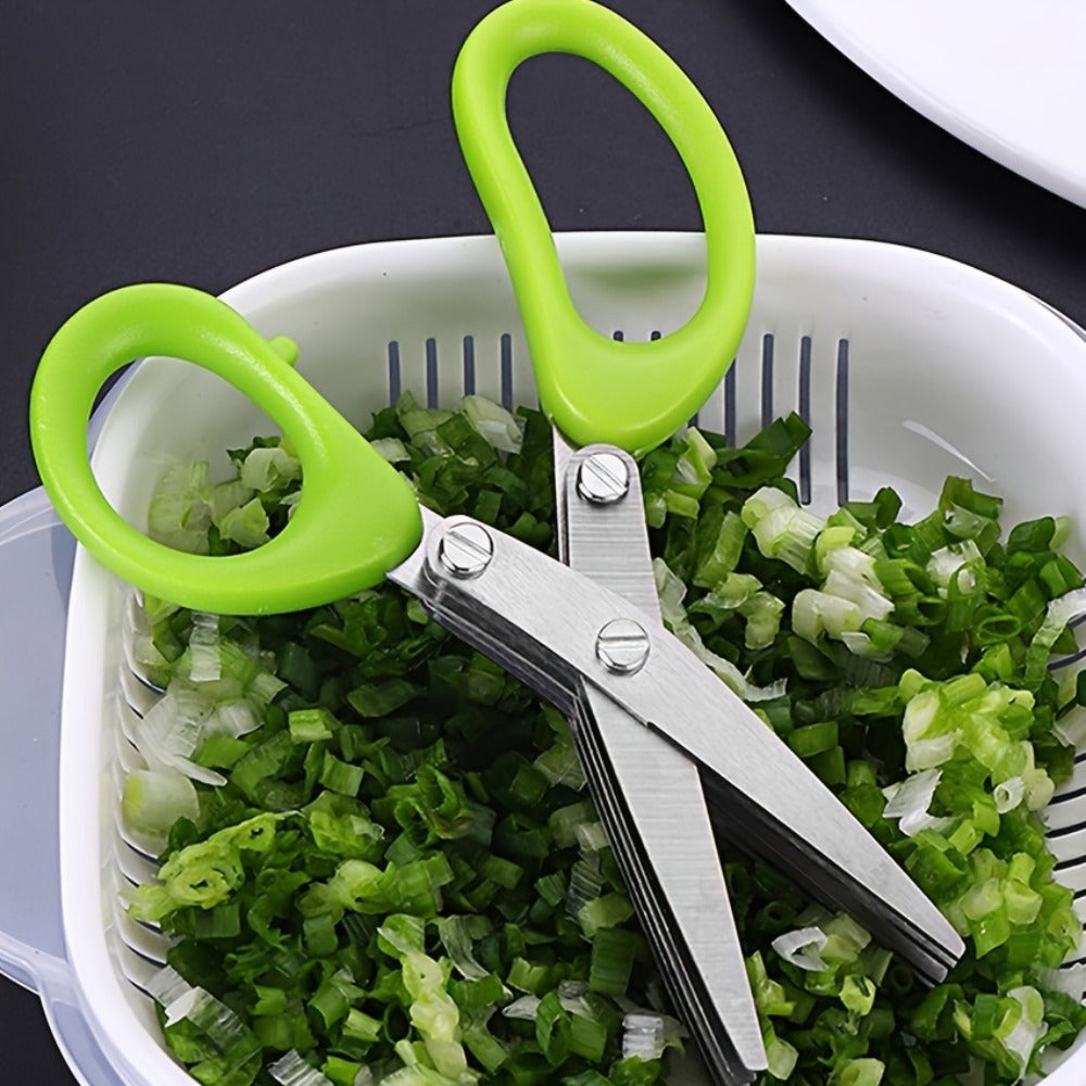 1 piece of Stainless Steel Kitchen Scissors with Multi-Layer Vegetable Scissors, Green Onion Cutter with 5 Blades. This versatile kitchen tool serves as a vegetable shears, kitchen gadget, and essential kitchen supply.