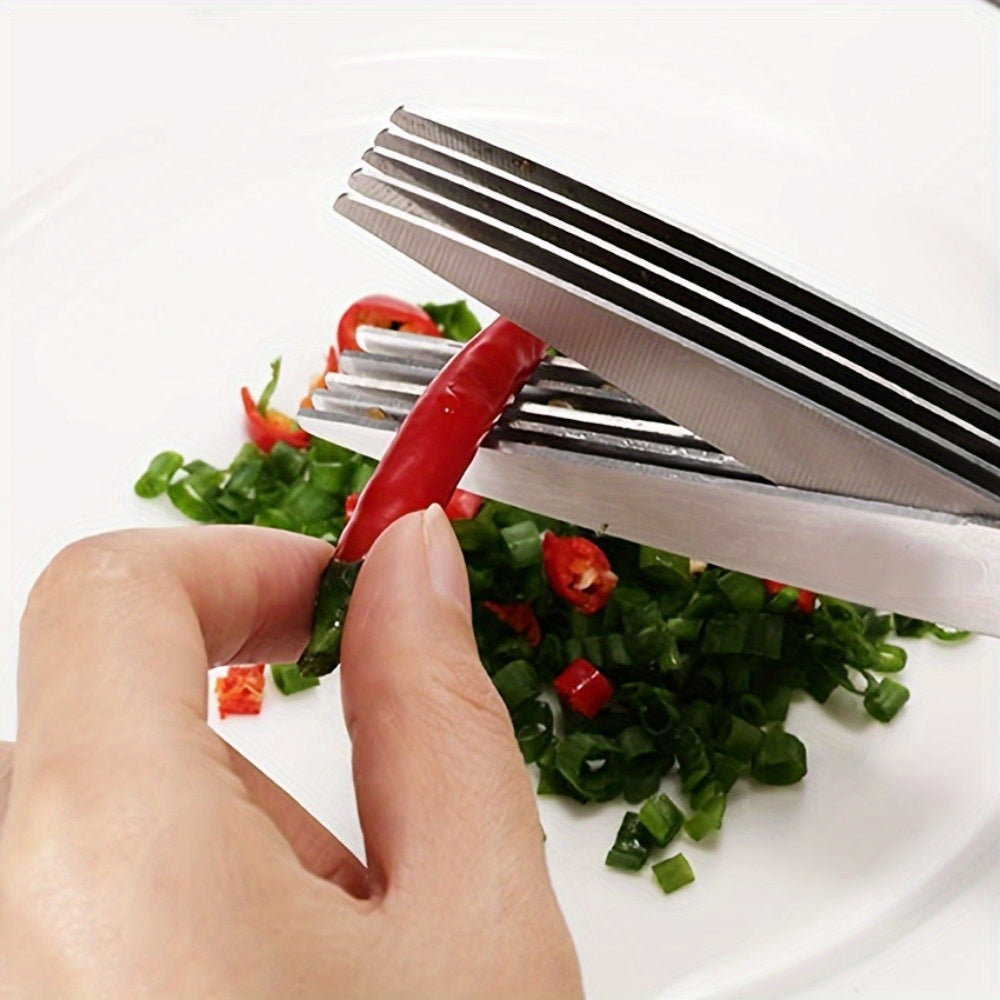 1 piece of Stainless Steel Kitchen Scissors with Multi-Layer Vegetable Scissors, Green Onion Cutter with 5 Blades. This versatile kitchen tool serves as a vegetable shears, kitchen gadget, and essential kitchen supply.