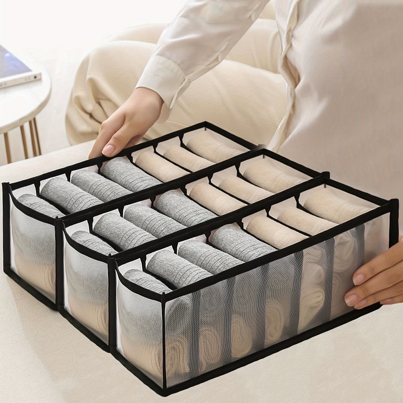 3-piece organizer set for underwear and socks - 7-compartment drawer divider for home closet organization.