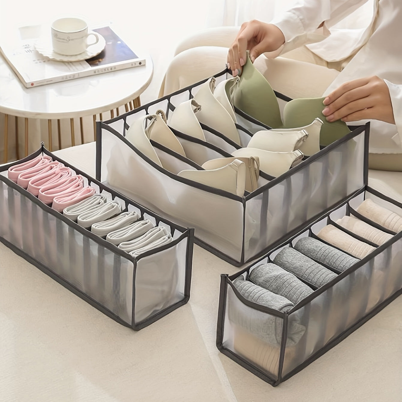 3-piece organizer set for underwear and socks - 7-compartment drawer divider for home closet organization.