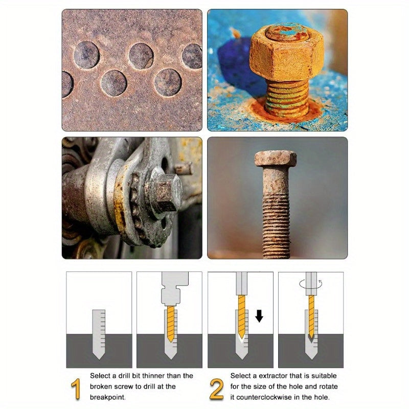 Набор экстракторов винтов и болтов из высокопрочной стали на 10 предметов для удаления поврежденных или ржавых винтов без использования электричества.