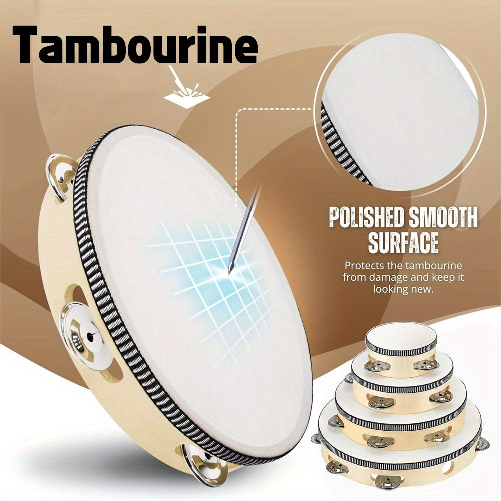 Handheld tambourines in sizes 10.16/15.24/20.32/25.4 cm with metal bells. Great musical gift for kids, ideal for KTV, parties, and other events.